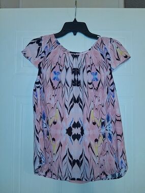 J. Crew Pink Abstract Short-Sleeve Blouse with Blue & Black Accents